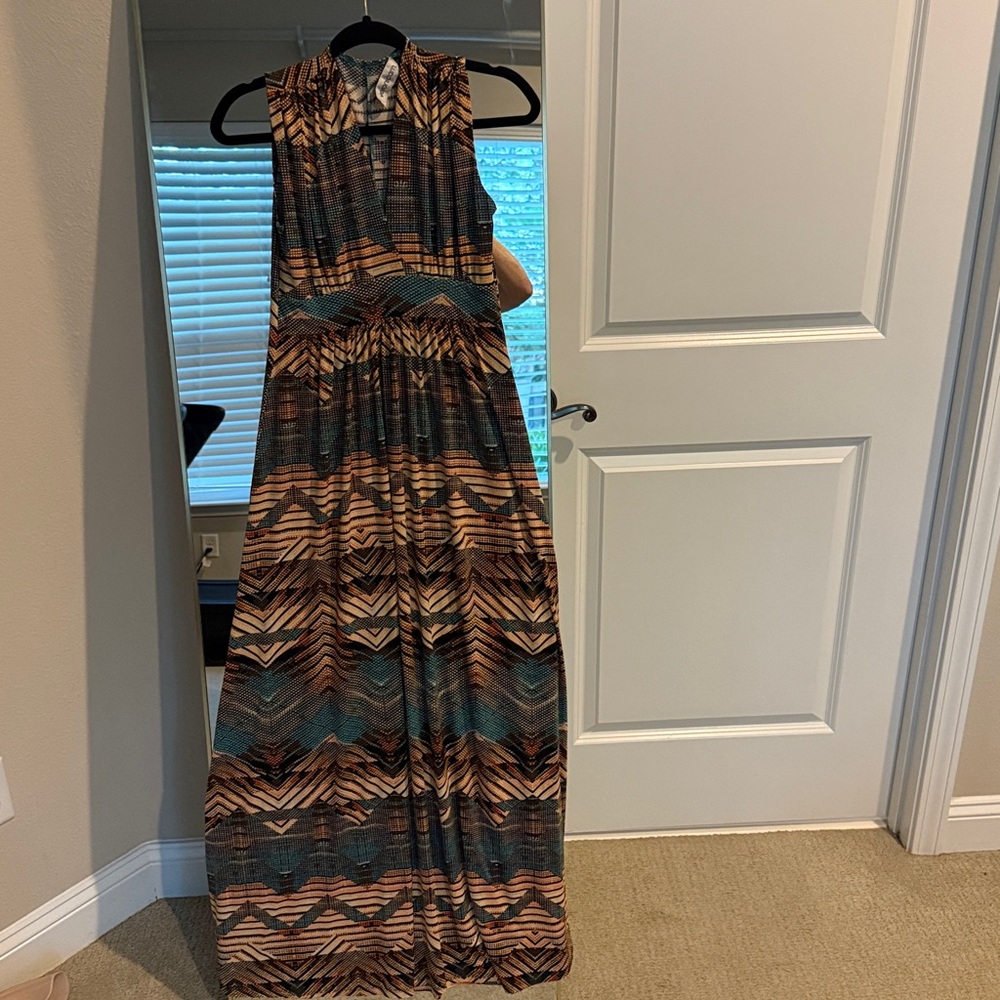 Veronica M Beige and Teal Patterned Dress